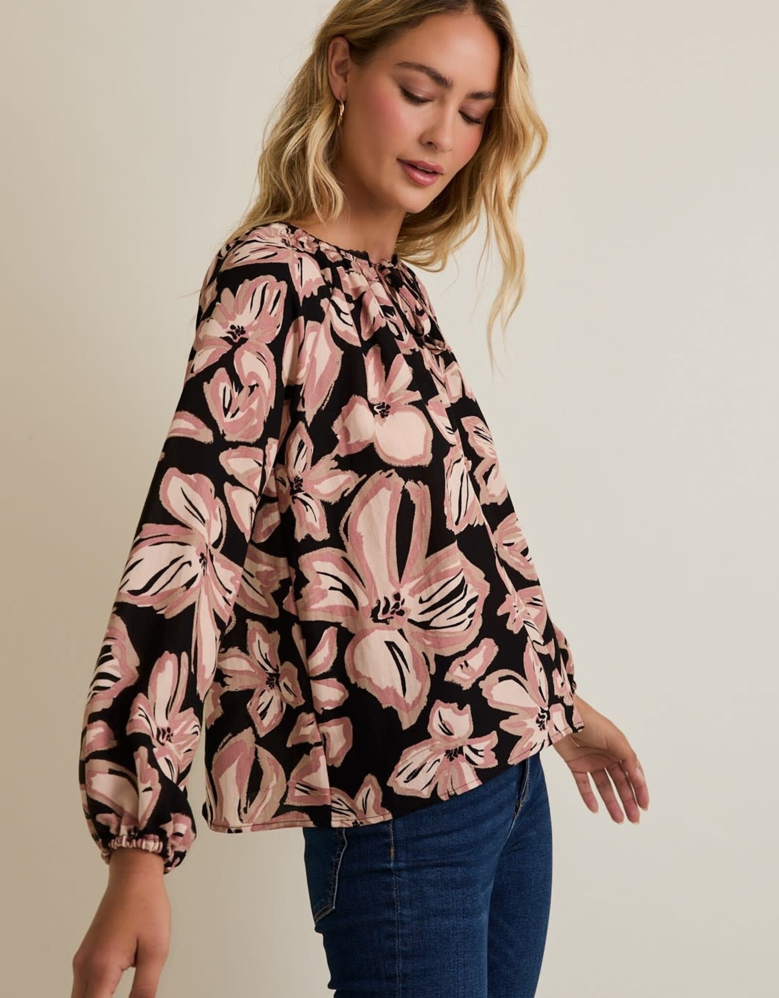 Miss Bliss Gilli Front Tie Puff Long Sleeve Floral Top-Blk/Mauve