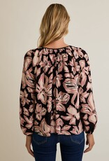 Miss Bliss Gilli Front Tie Puff Long Sleeve Floral Top-Blk/Mauve