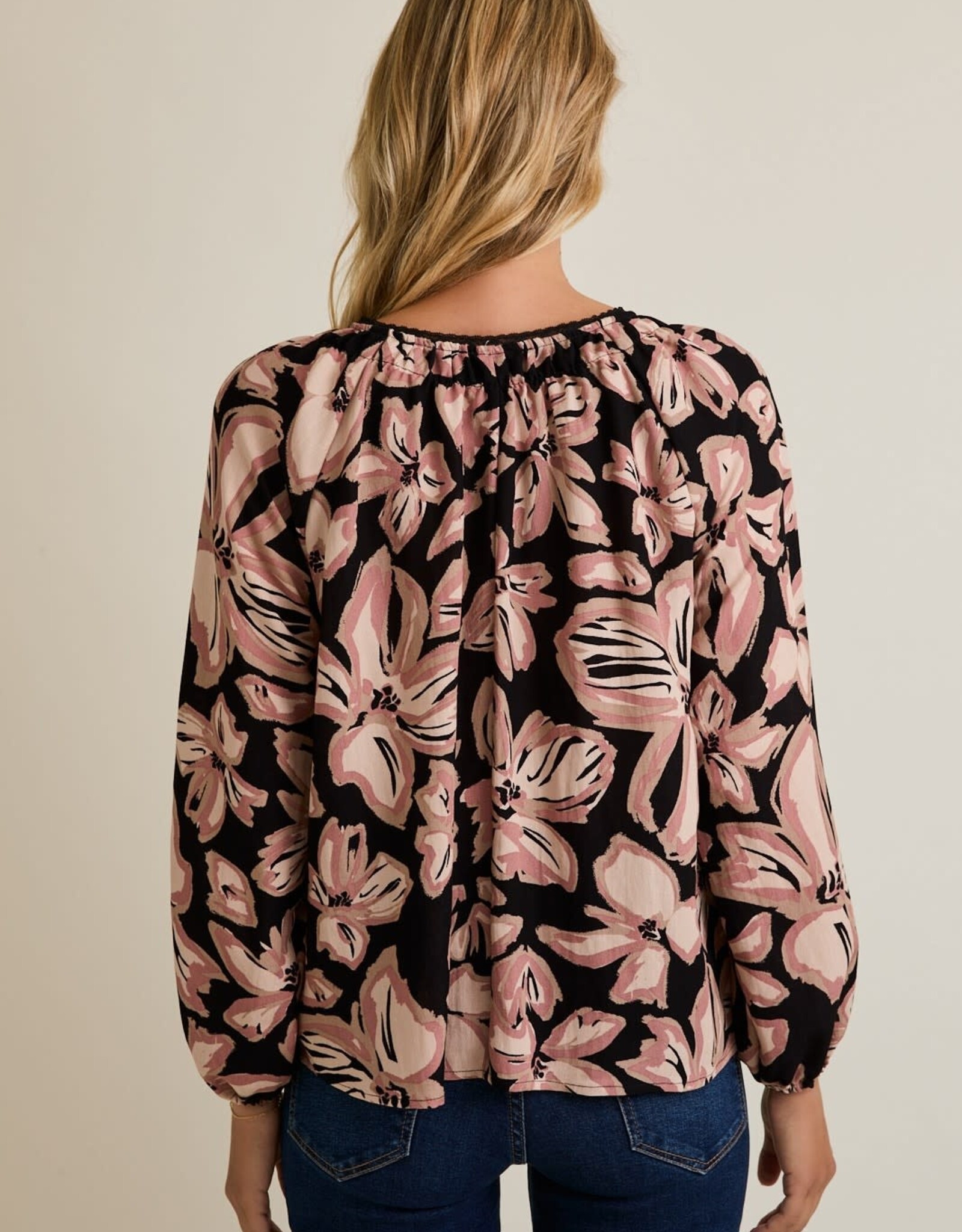 Miss Bliss Gilli Front Tie Puff Long Sleeve Floral Top-Blk/Mauve
