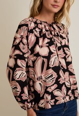 Miss Bliss Gilli Front Tie Puff Long Sleeve Floral Top-Blk/Mauve