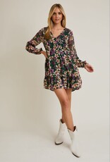 Miss Bliss Gillow LS V-neck Merrow Hem Floral Dress-Hunter Green