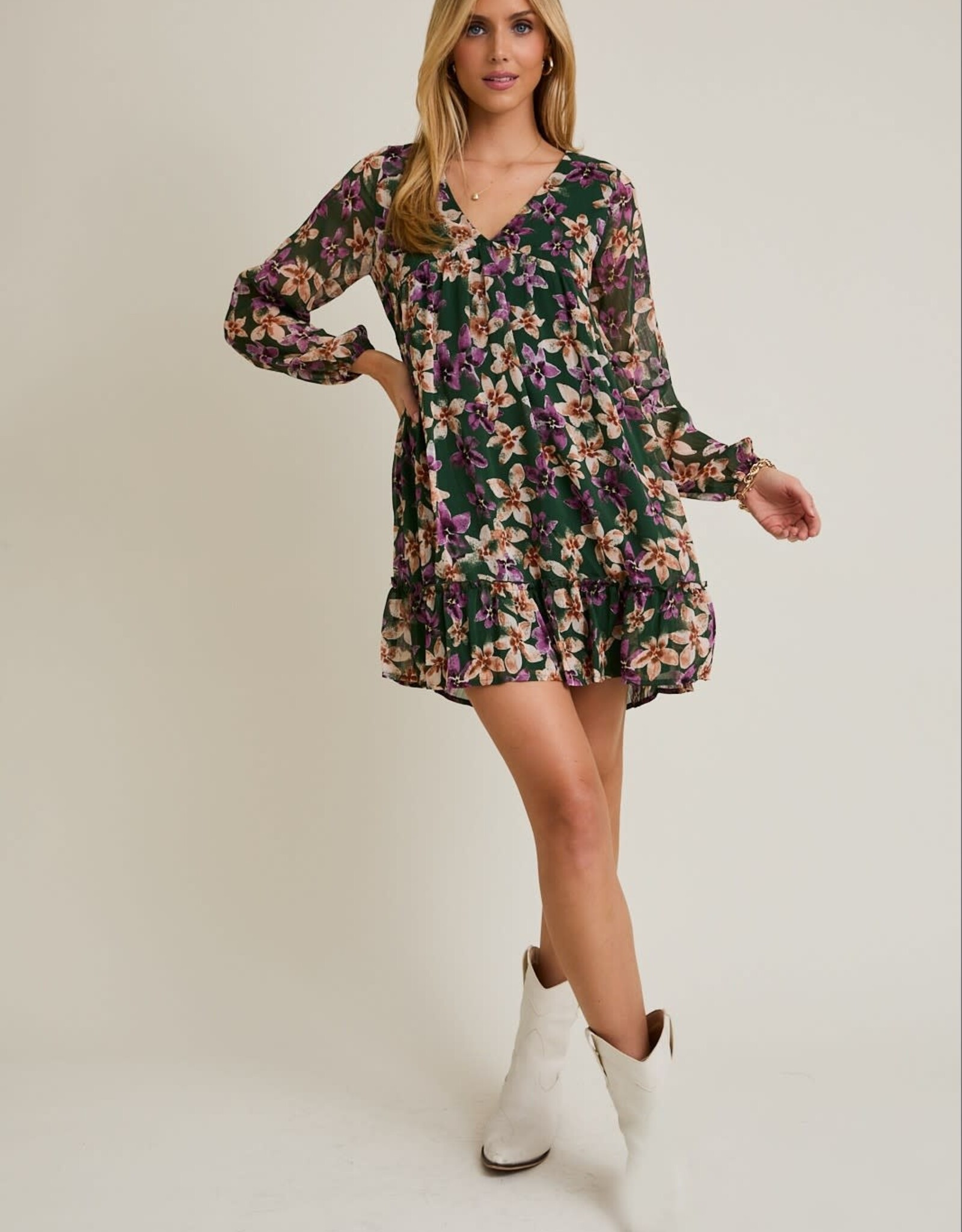 Miss Bliss Gillow LS V-neck Merrow Hem Floral Dress-Hunter Green