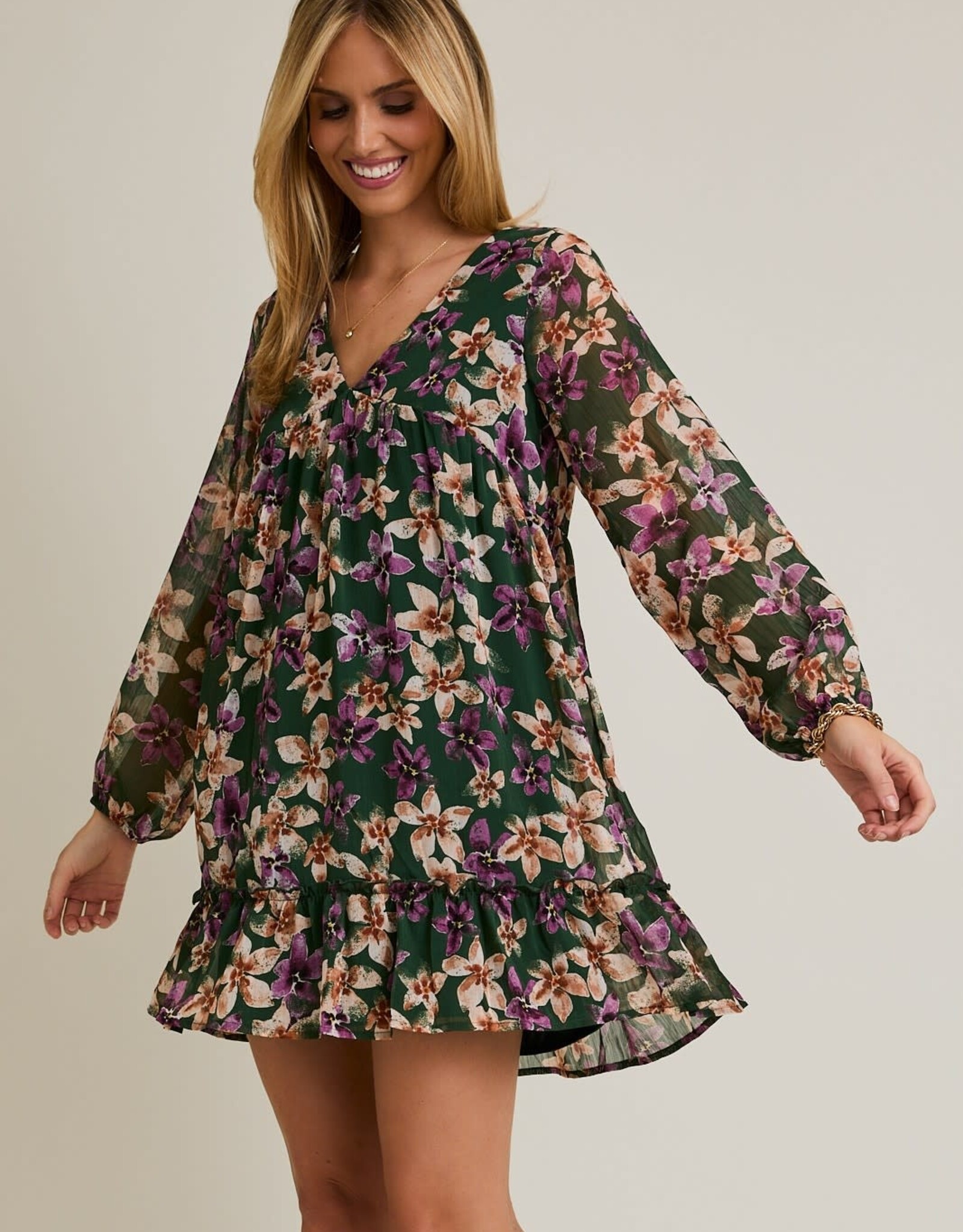 Miss Bliss Gillow LS V-neck Merrow Hem Floral Dress-Hunter Green