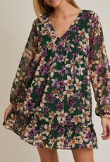 Miss Bliss Gillow LS V-neck Merrow Hem Floral Dress-Hunter Green