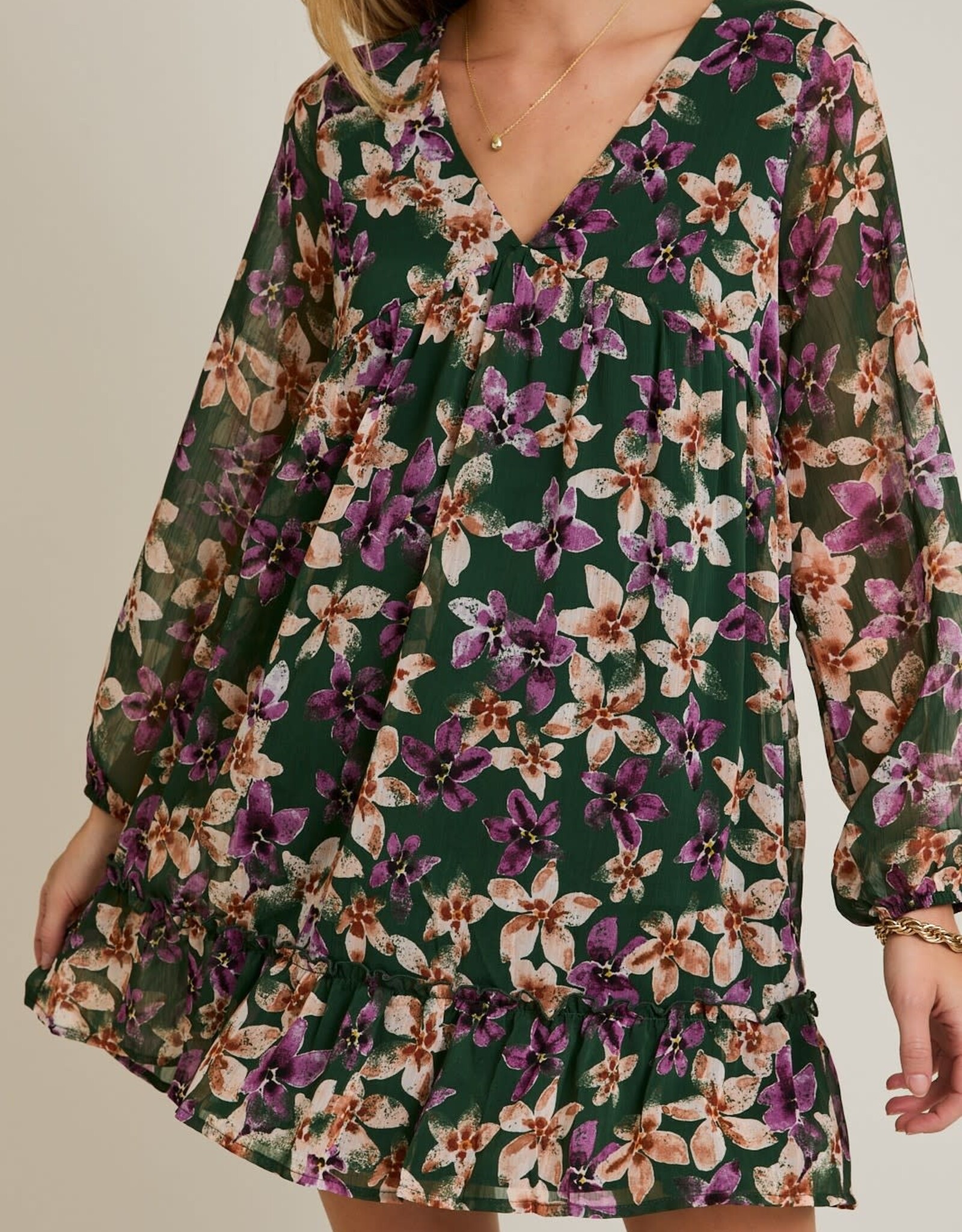 Miss Bliss Gillow LS V-neck Merrow Hem Floral Dress-Hunter Green