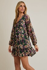 Miss Bliss Gillow LS V-neck Merrow Hem Floral Dress-Hunter Green