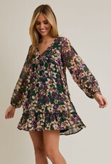 Miss Bliss Gillow LS V-neck Merrow Hem Floral Dress-Hunter Green