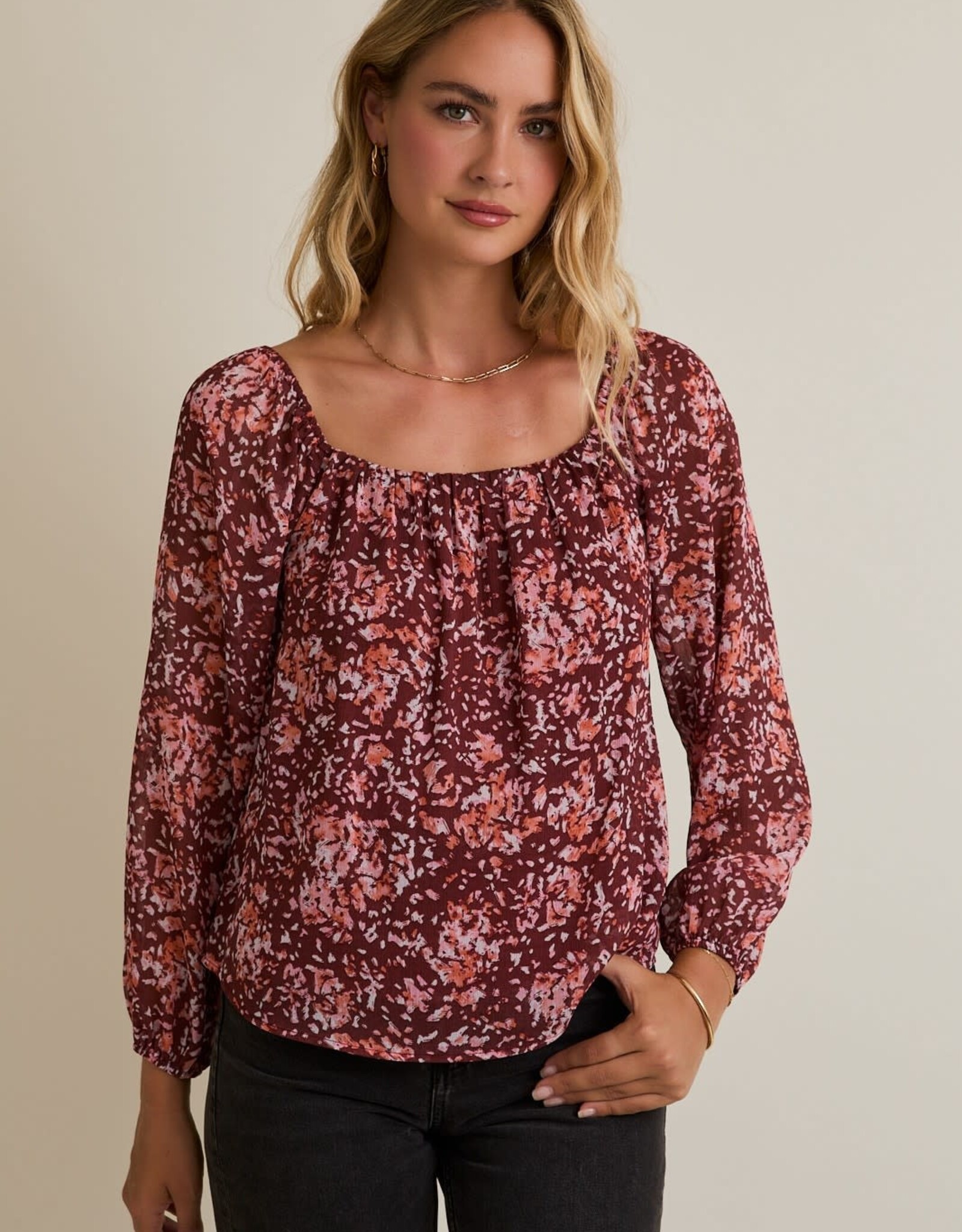 Miss Bliss Gilli Multi Pattern LS Sqr Neck Top-Burgundy