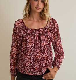 Miss Bliss Burgundy Abstract Square Neck Blouse