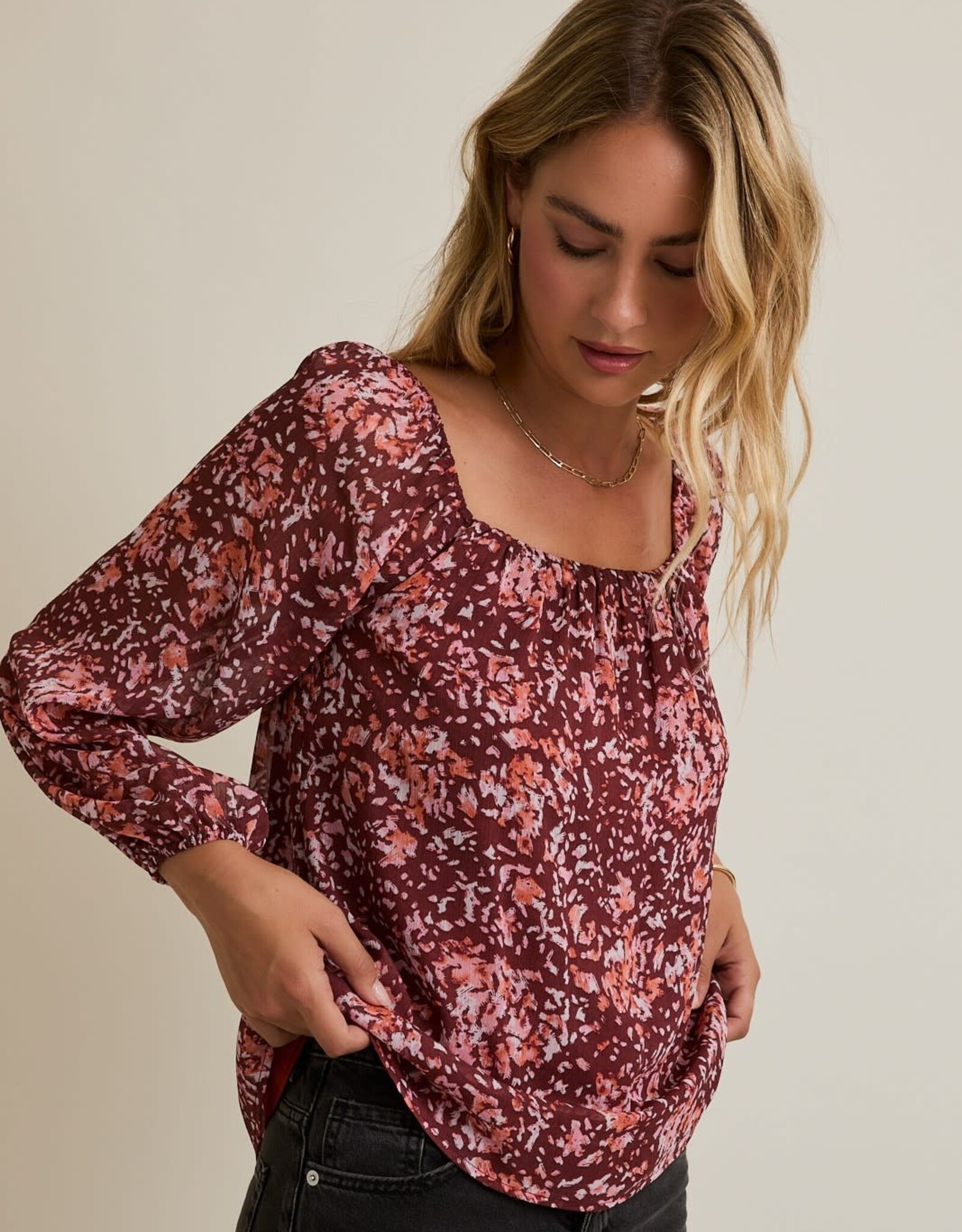 Miss Bliss Gilli Multi Pattern LS Sqr Neck Top-Burgundy