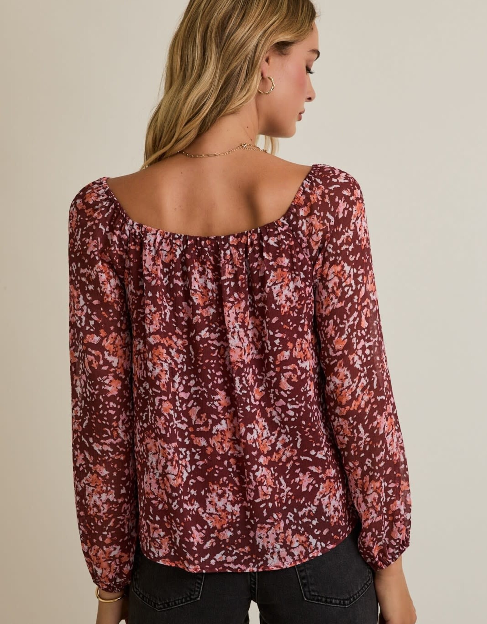 Miss Bliss Gilli Multi Pattern LS Sqr Neck Top-Burgundy