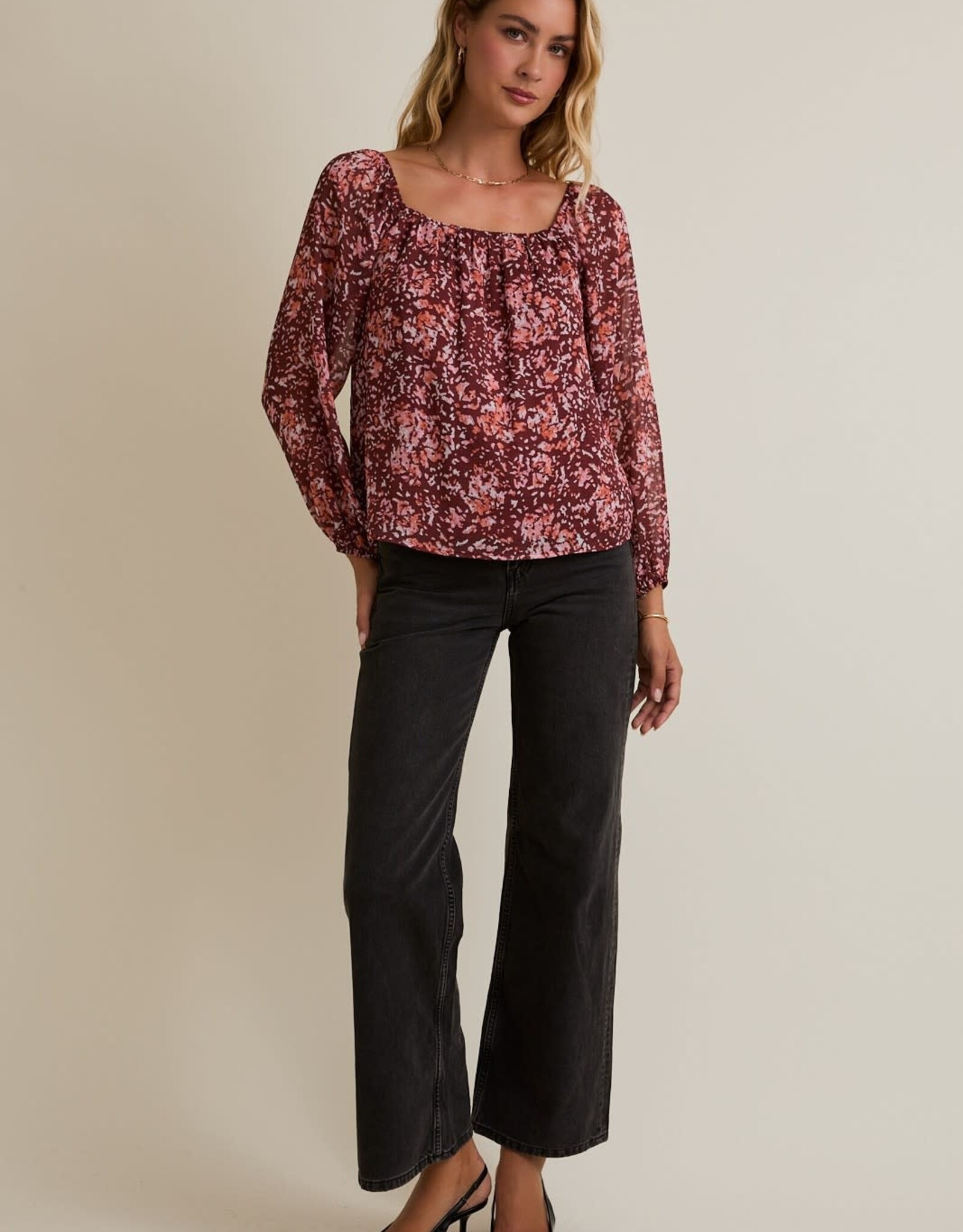 Miss Bliss Gilli Multi Pattern LS Sqr Neck Top-Burgundy