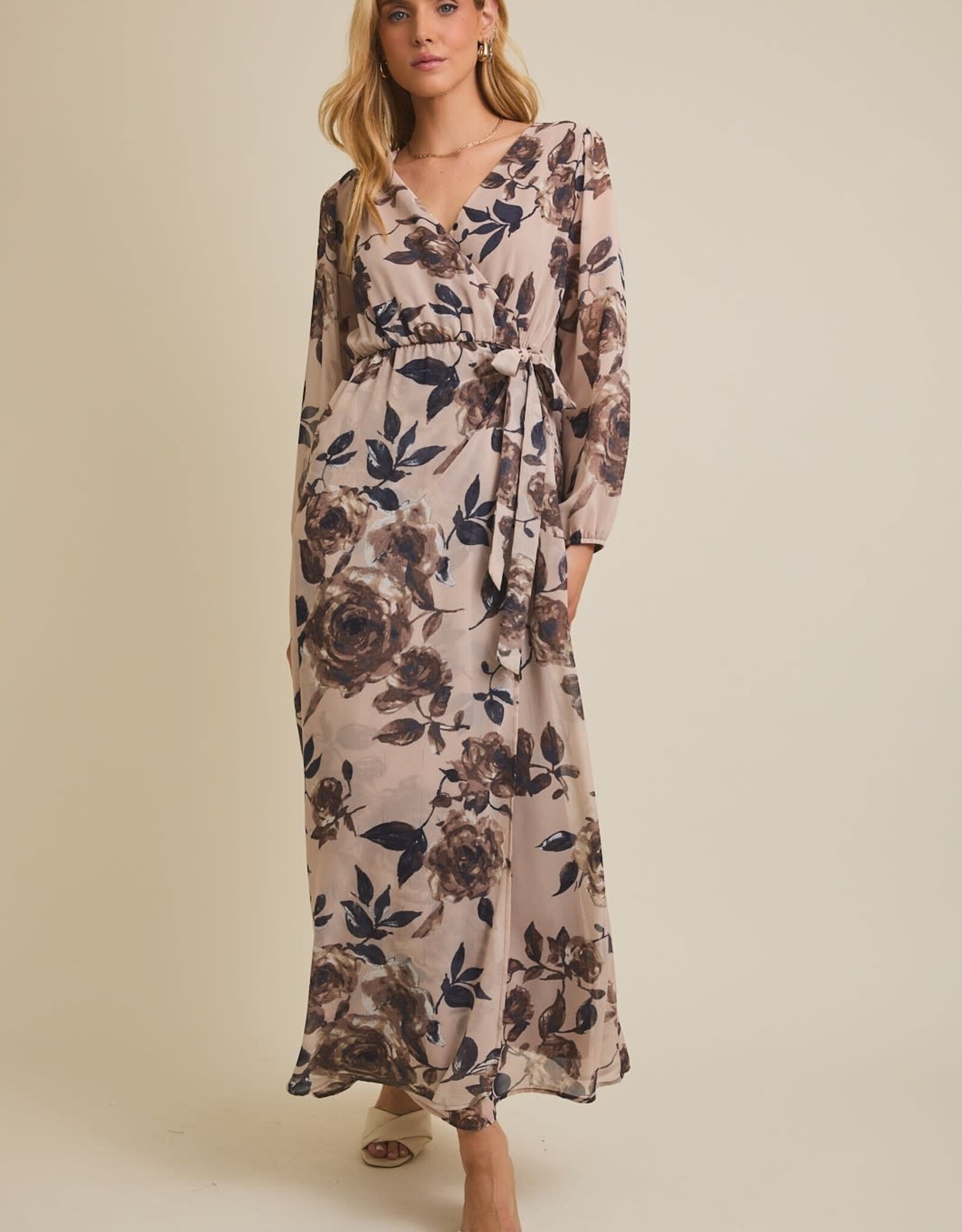 Miss Bliss Gilli V Nck Surplice Ls Floral Maxi Dress-Taupe/Mocha