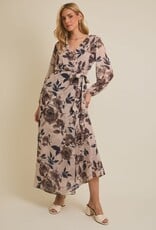 Miss Bliss Gilli V Nck Surplice Ls Floral Maxi Dress-Taupe/Mocha