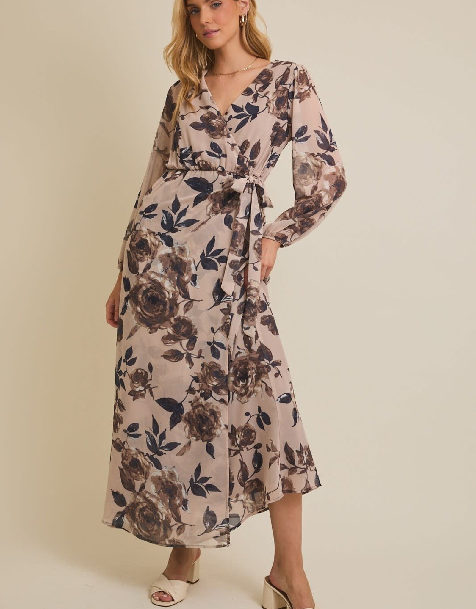 Miss Bliss Gilli V Nck Surplice Ls Floral Maxi Dress-Taupe/Mocha