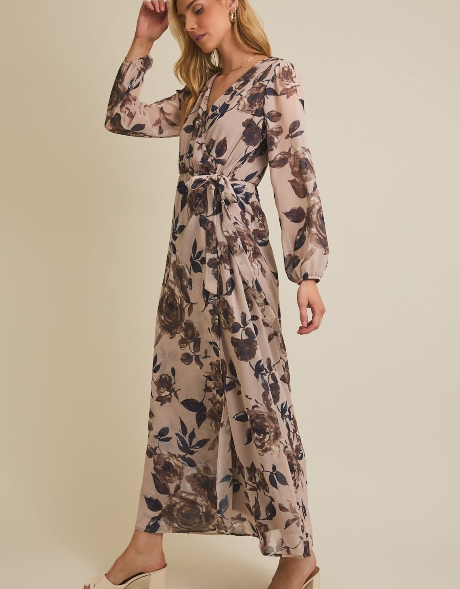 Miss Bliss Gilli V Nck Surplice Ls Floral Maxi Dress-Taupe/Mocha