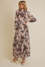 Miss Bliss Gilli V Nck Surplice Ls Floral Maxi Dress-Taupe/Mocha