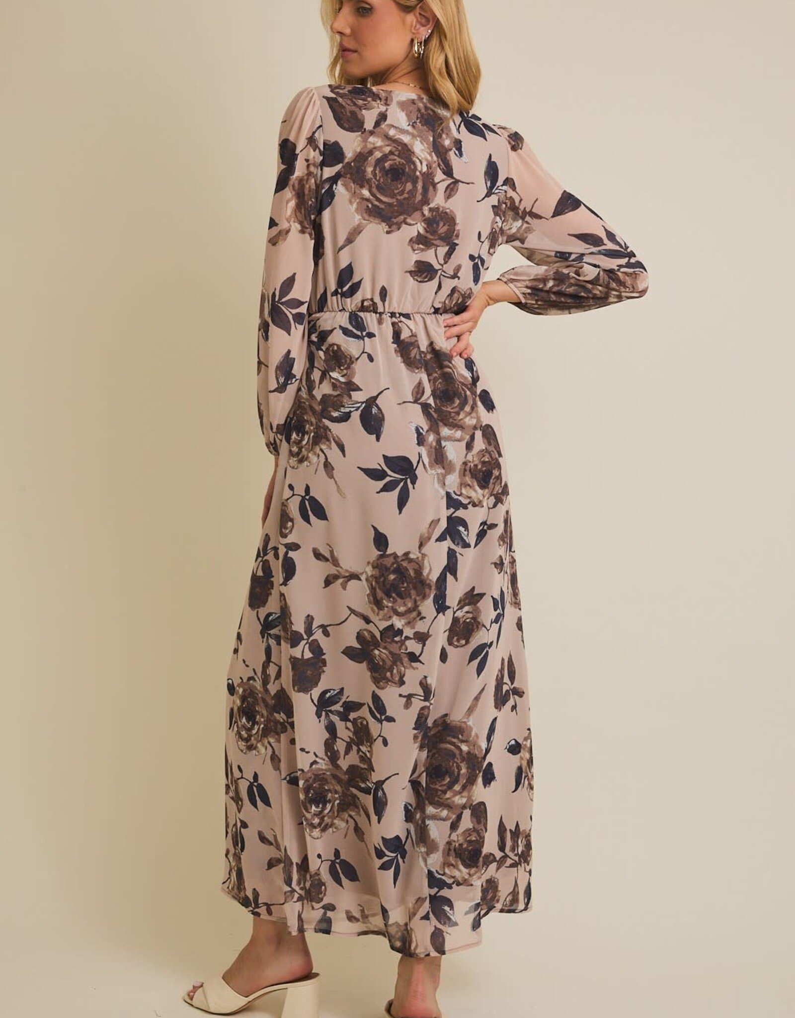 Miss Bliss Gilli V Nck Surplice Ls Floral Maxi Dress-Taupe/Mocha
