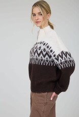 Miss Bliss Blu Fair Isle Half Zip Knit Pullover Sweater-Drk Brwn
