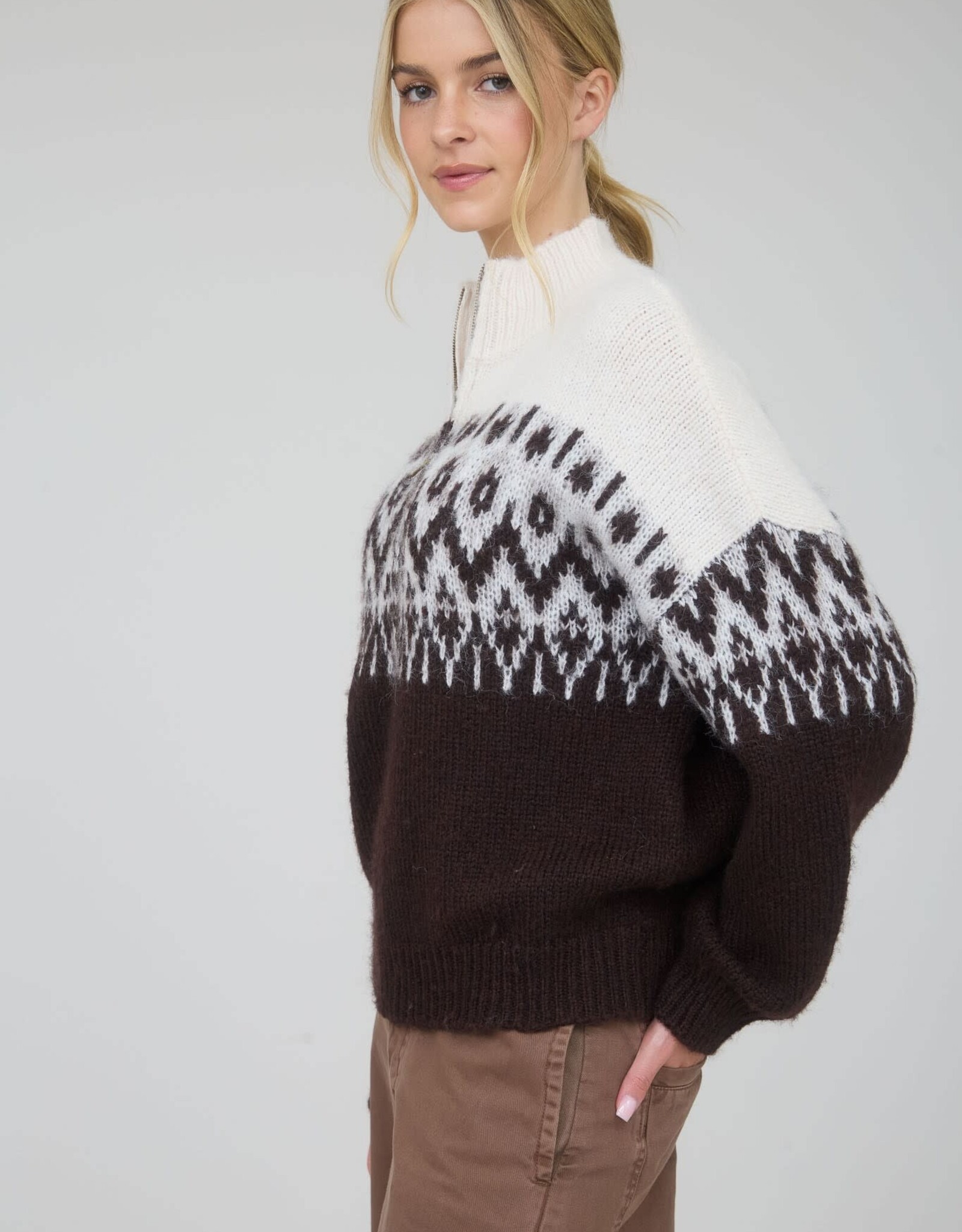 Miss Bliss Blu Fair Isle Half Zip Knit Pullover Sweater-Drk Brwn