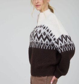Miss Bliss Fair Isle Half Zip Knit Pullover Sweater Dark Brown