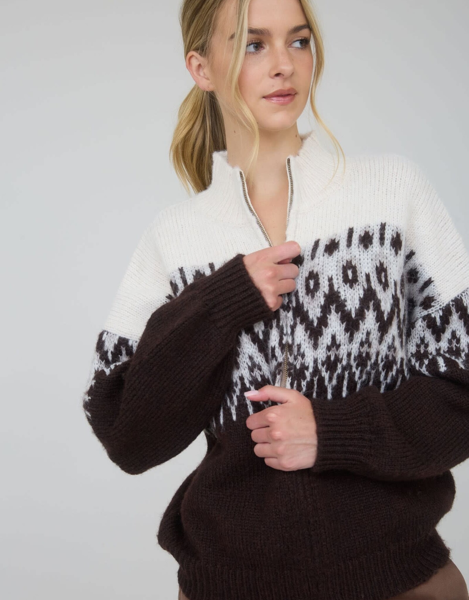 Miss Bliss Blu Fair Isle Half Zip Knit Pullover Sweater-Drk Brwn