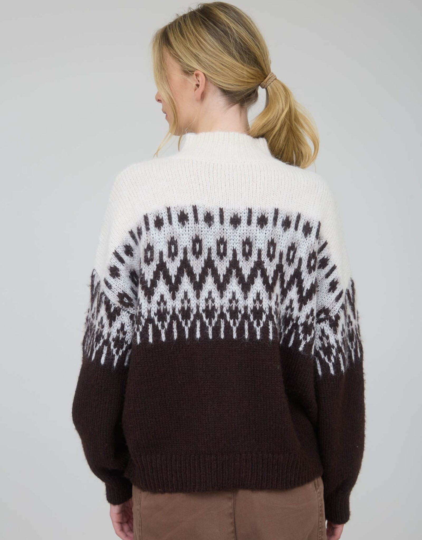 Miss Bliss Blu Fair Isle Half Zip Knit Pullover Sweater-Drk Brwn