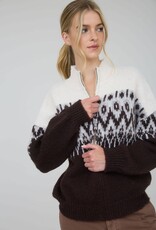 Miss Bliss Blu Fair Isle Half Zip Knit Pullover Sweater-Drk Brwn