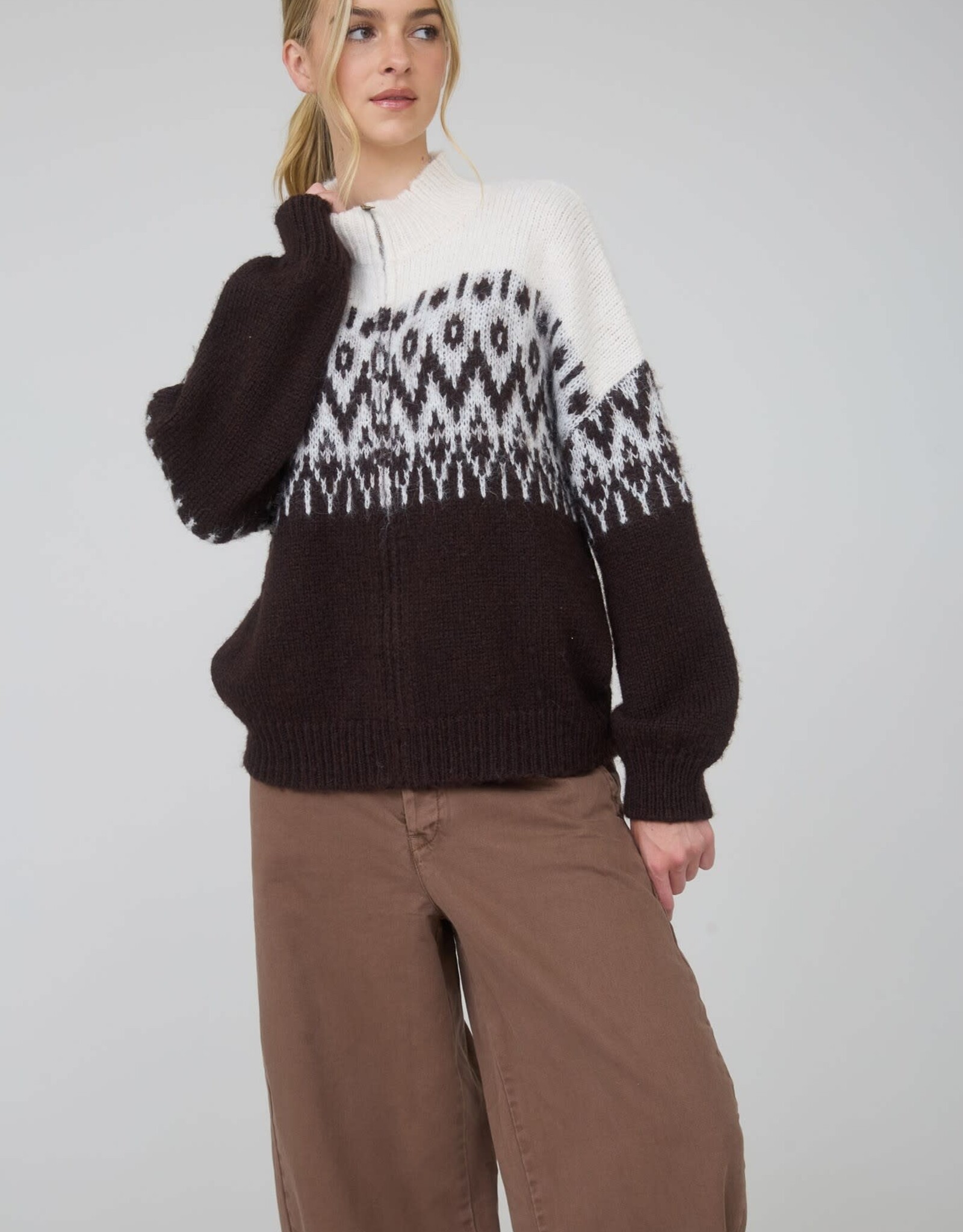 Miss Bliss Blu Fair Isle Half Zip Knit Pullover Sweater-Drk Brwn