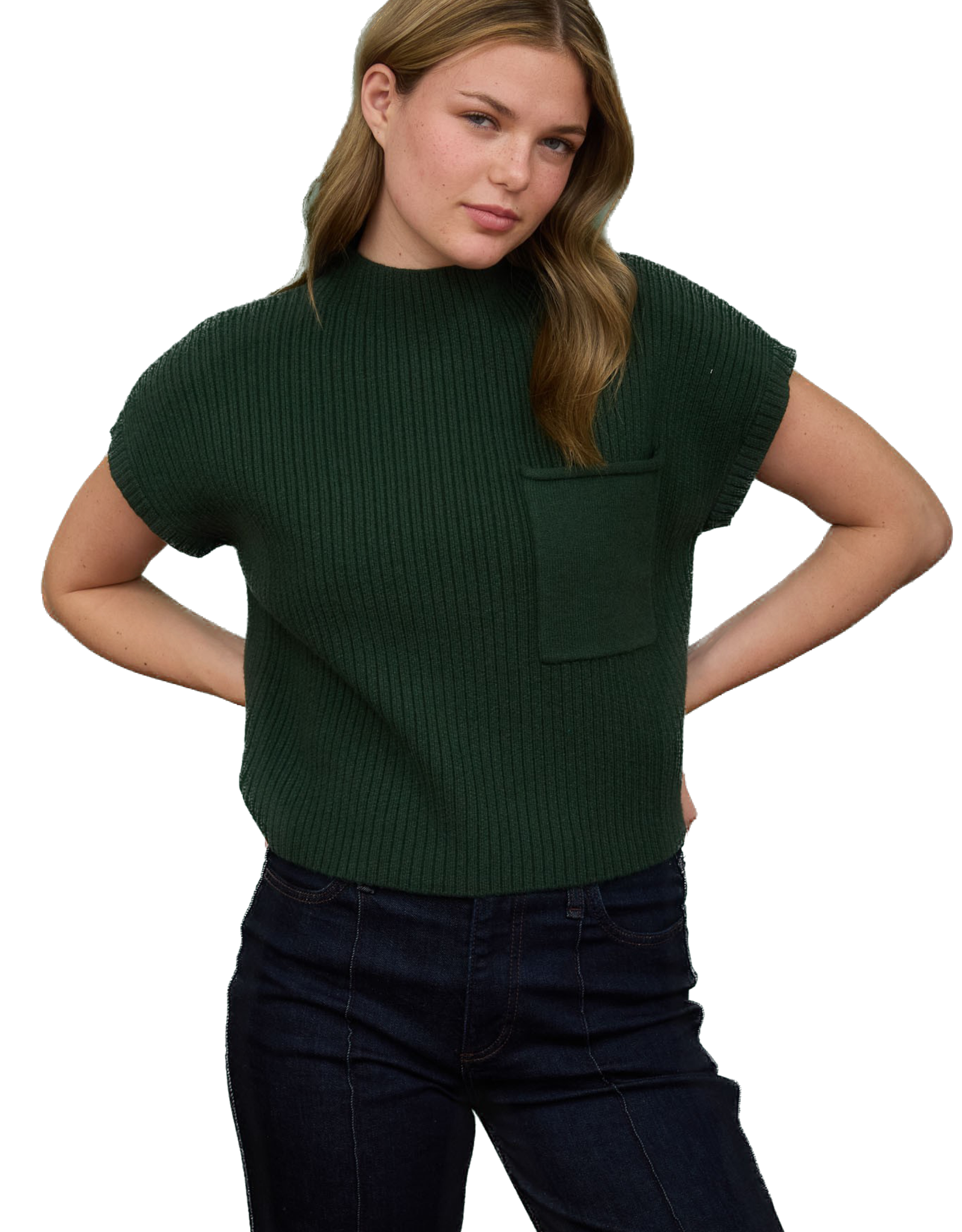 Miss Bliss Blu Mock Nck w Pocket Short Sleeve Knit Sweater-Green