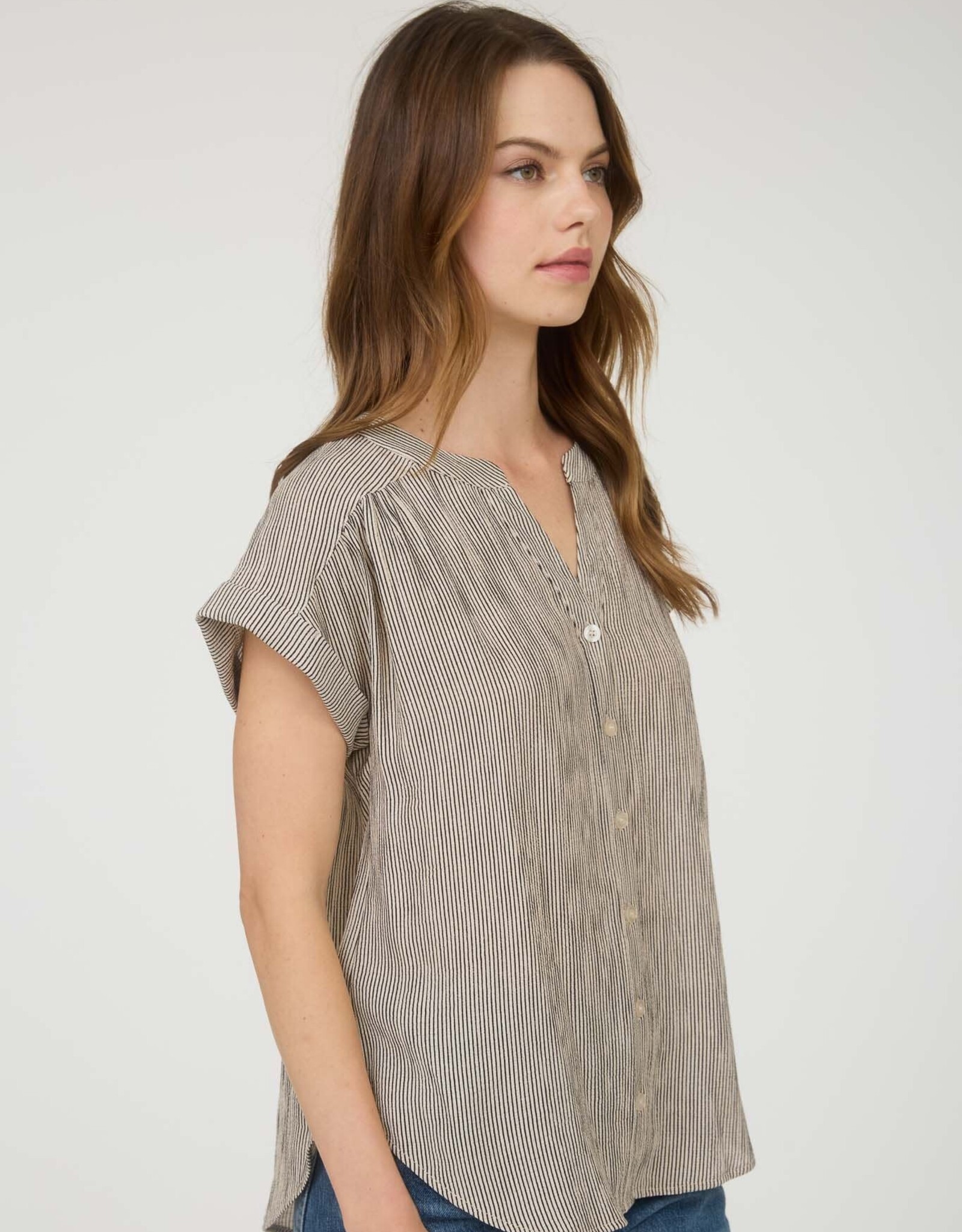 Miss Bliss Blu Pinstripe Cuff Slv Button Down Shirt-Champagne