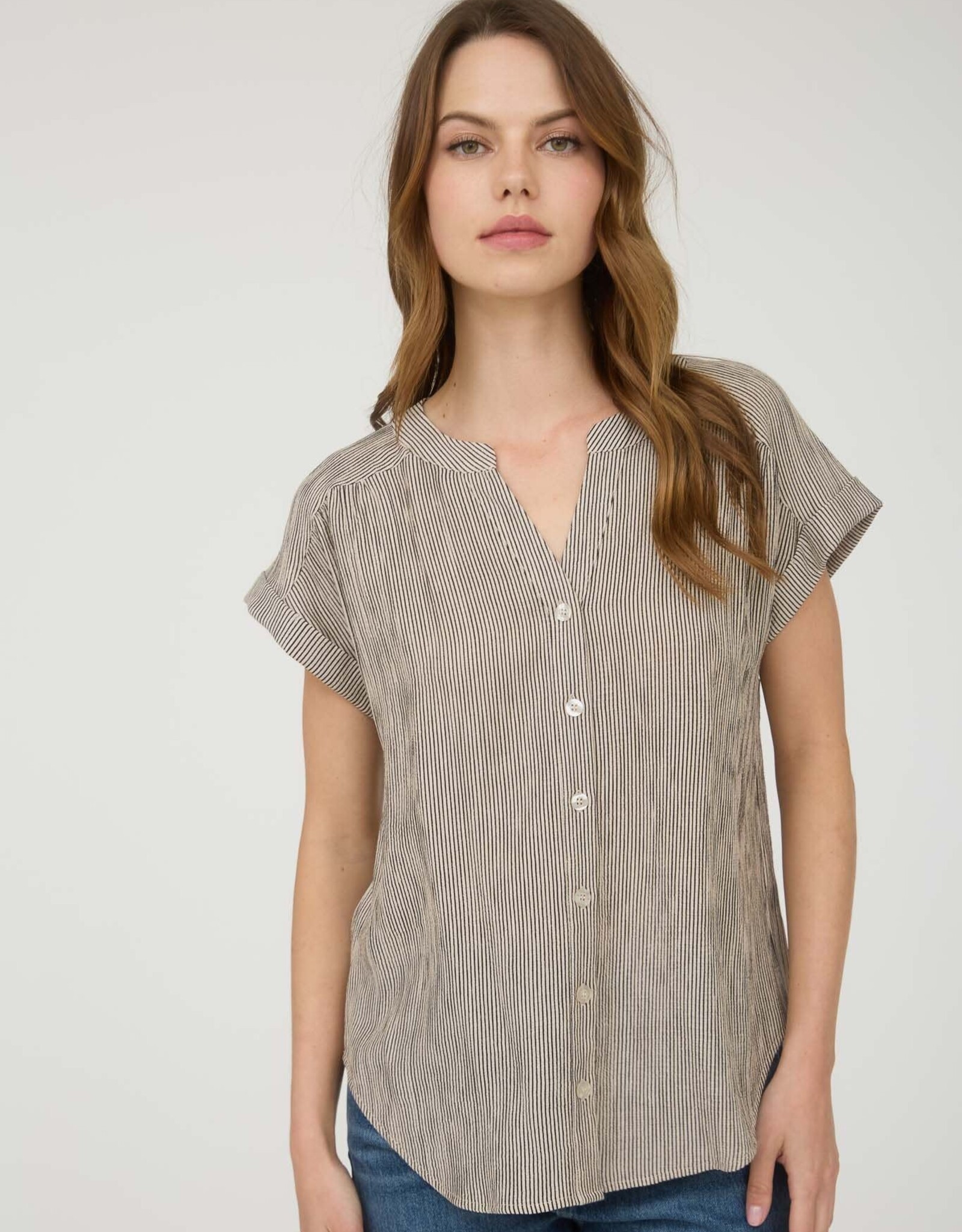 Miss Bliss Blu Pinstripe Cuff Slv Button Down Shirt-Champagne