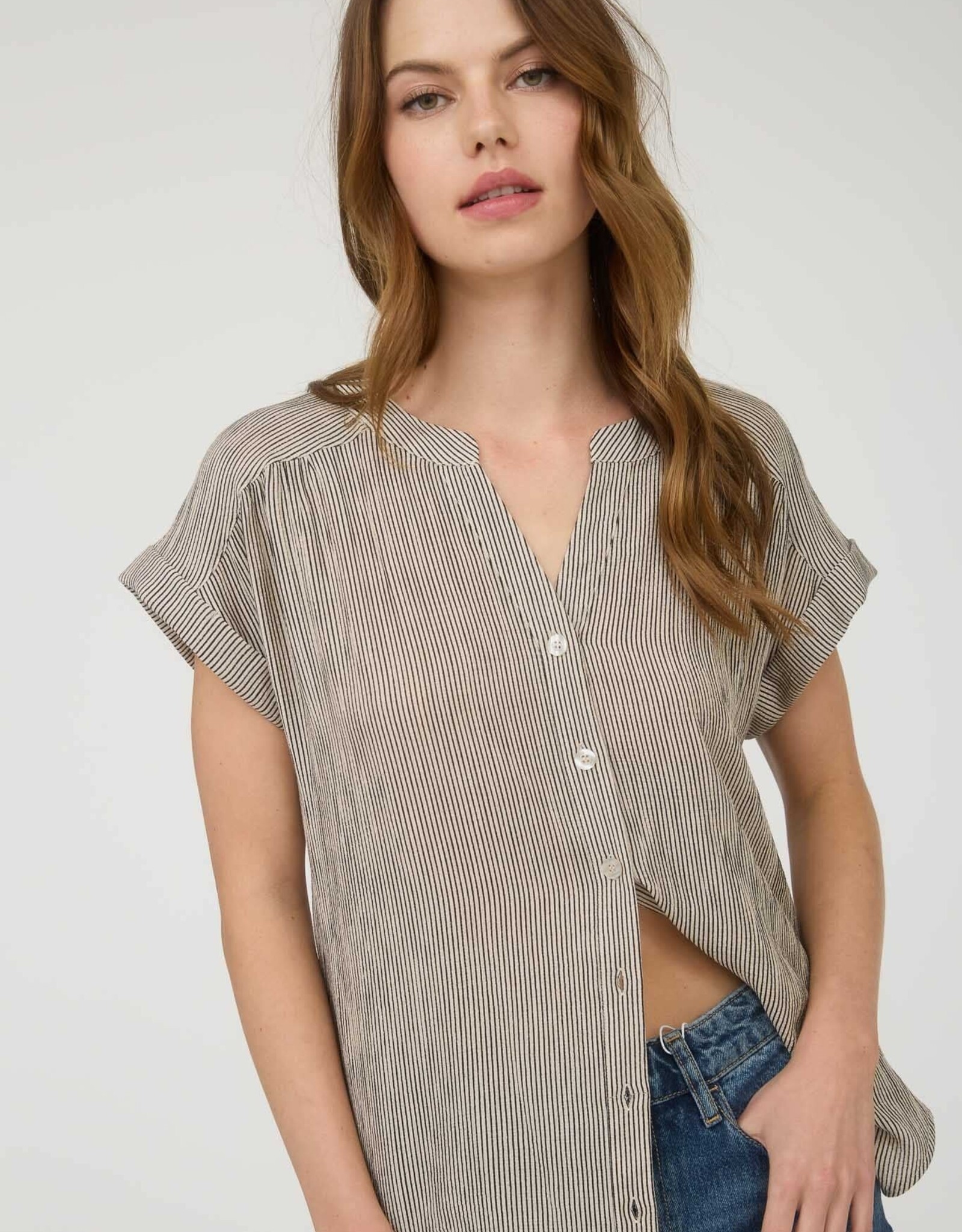 Miss Bliss Blu Pinstripe Cuff Slv Button Down Shirt-Champagne