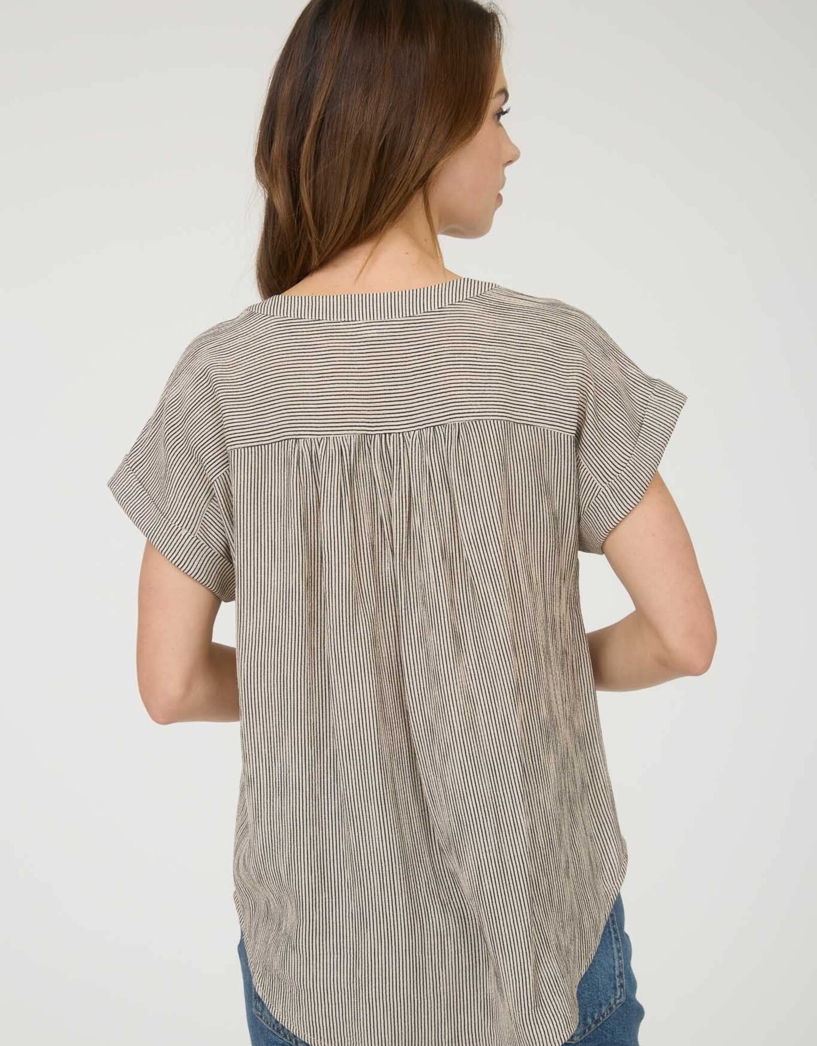 Miss Bliss Blu Pinstripe Cuff Slv Button Down Shirt-Champagne