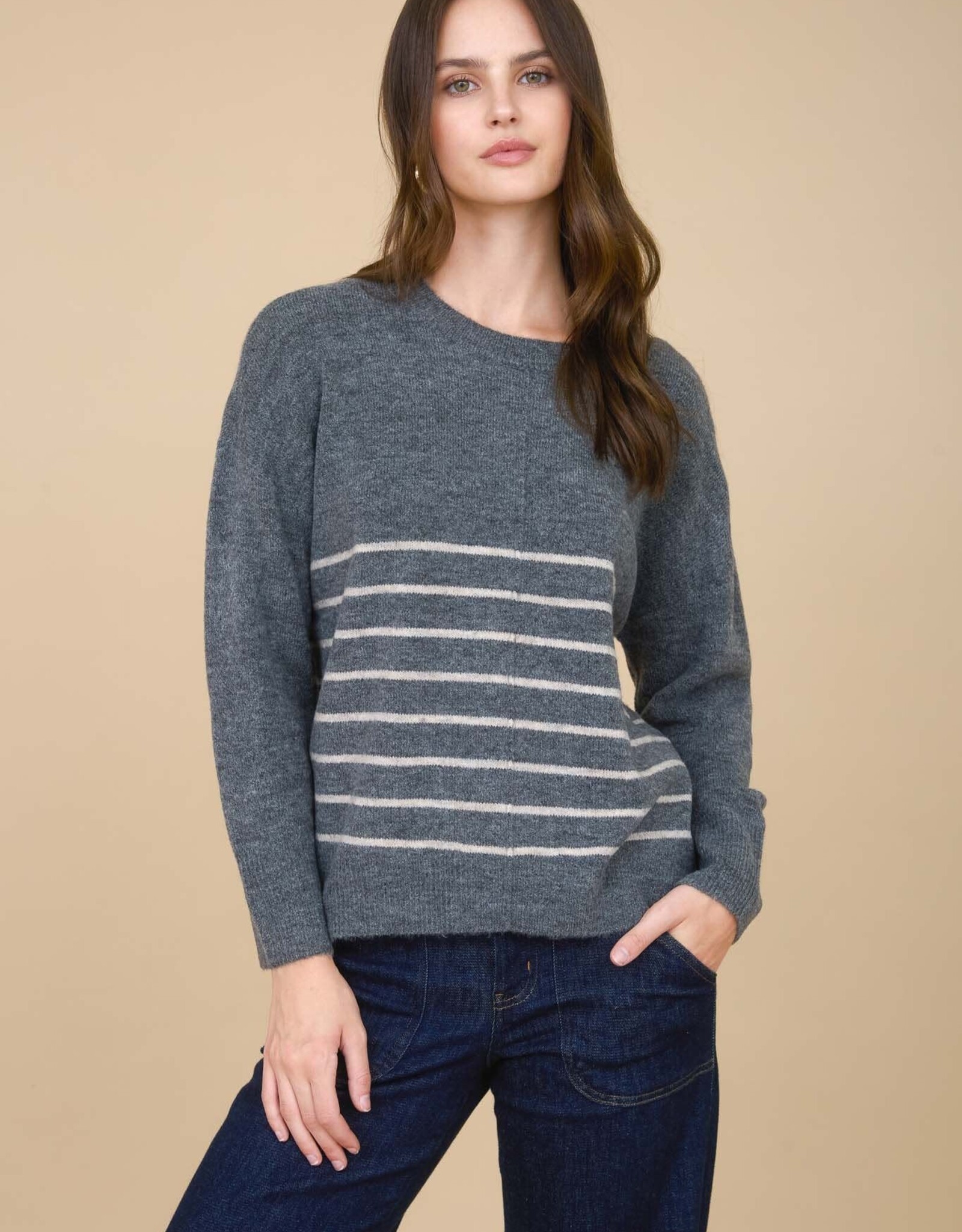 Miss Bliss Blu Stripe Front Seam Detail Long Sleeve Sweater-Charcoal