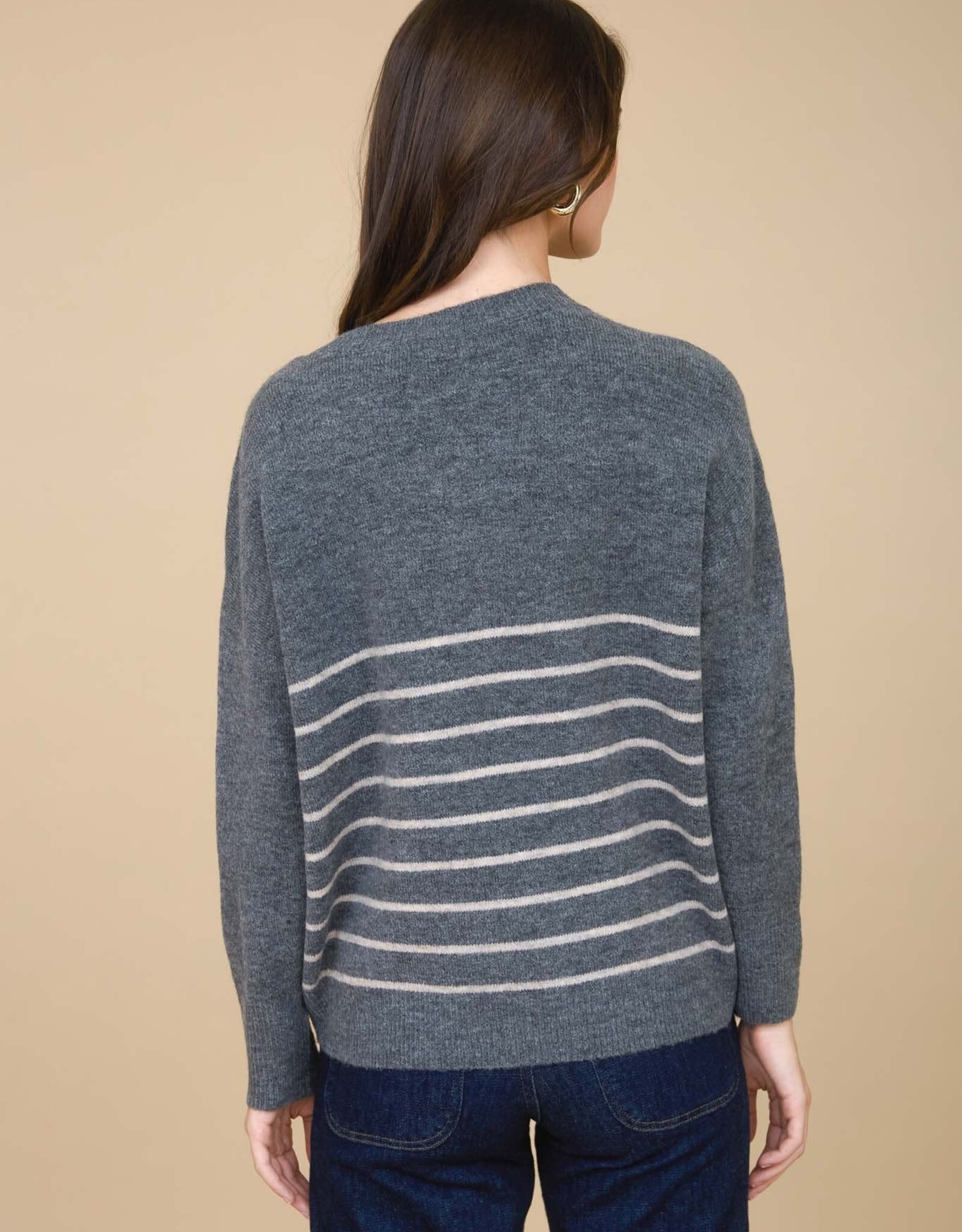 Miss Bliss Blu Stripe Front Seam Detail Long Sleeve Sweater-Charcoal