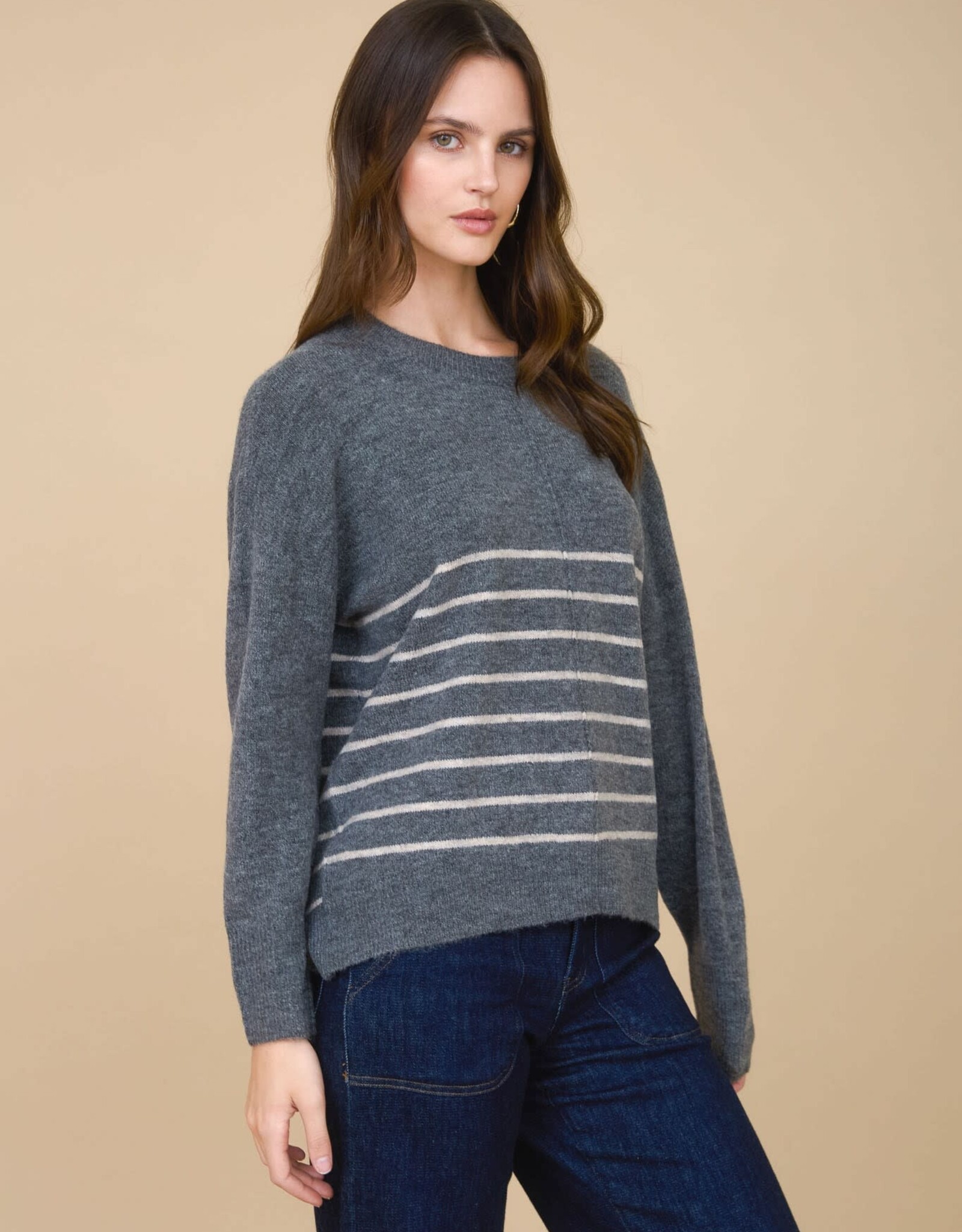 Miss Bliss Blu Stripe Front Seam Detail Long Sleeve Sweater-Charcoal