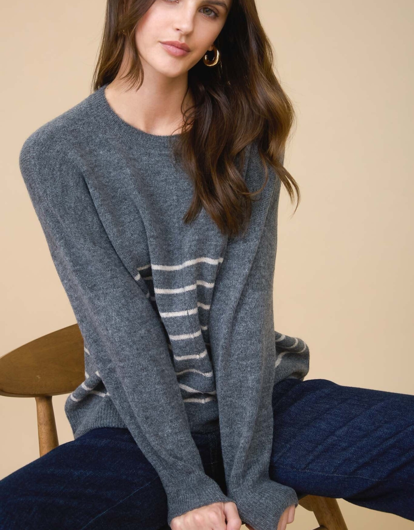 Miss Bliss Blu Stripe Front Seam Detail Long Sleeve Sweater-Charcoal
