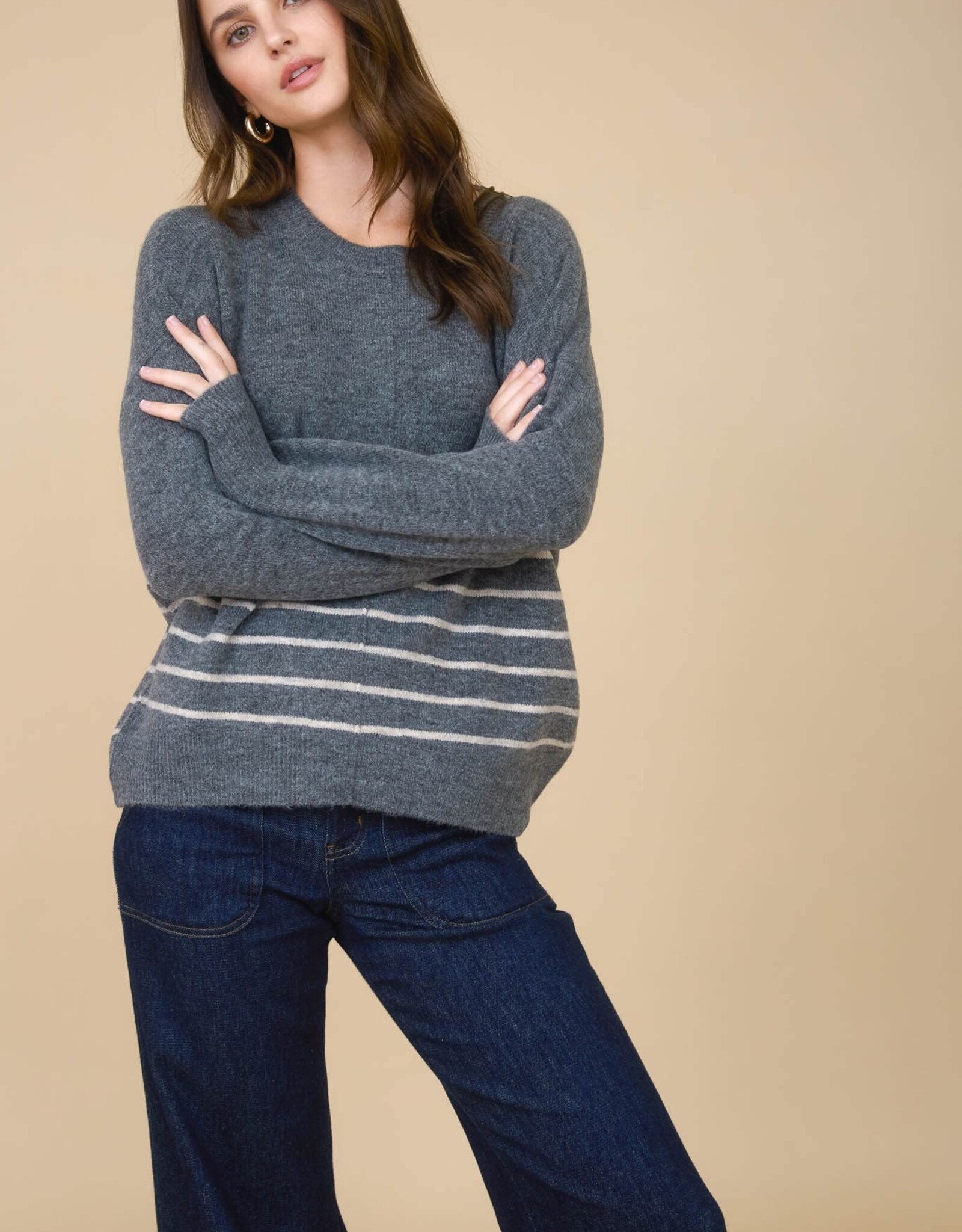 Miss Bliss Blu Stripe Front Seam Detail Long Sleeve Sweater-Charcoal
