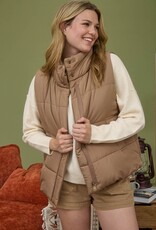 Miss Bliss Blu Solid Zip Up Puffer Vest W High Nck-Cocoa