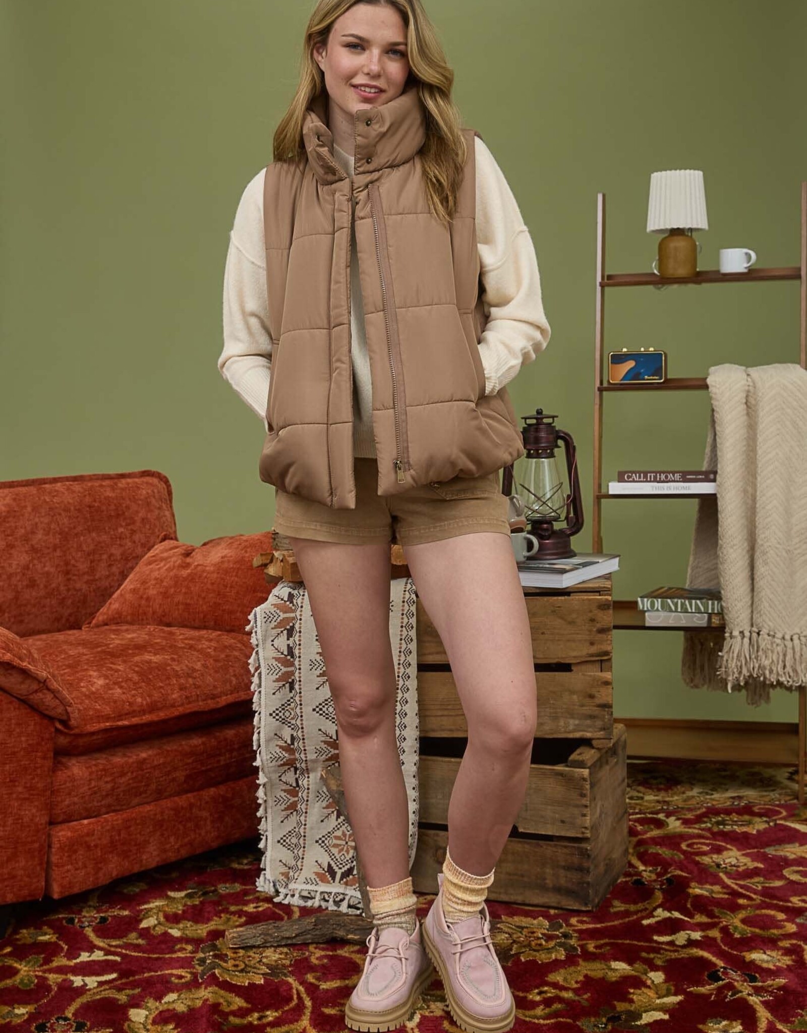 Miss Bliss Blu Solid Zip Up Puffer Vest W High Nck-Cocoa