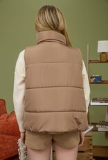 Miss Bliss Blu Solid Zip Up Puffer Vest W High Nck-Cocoa