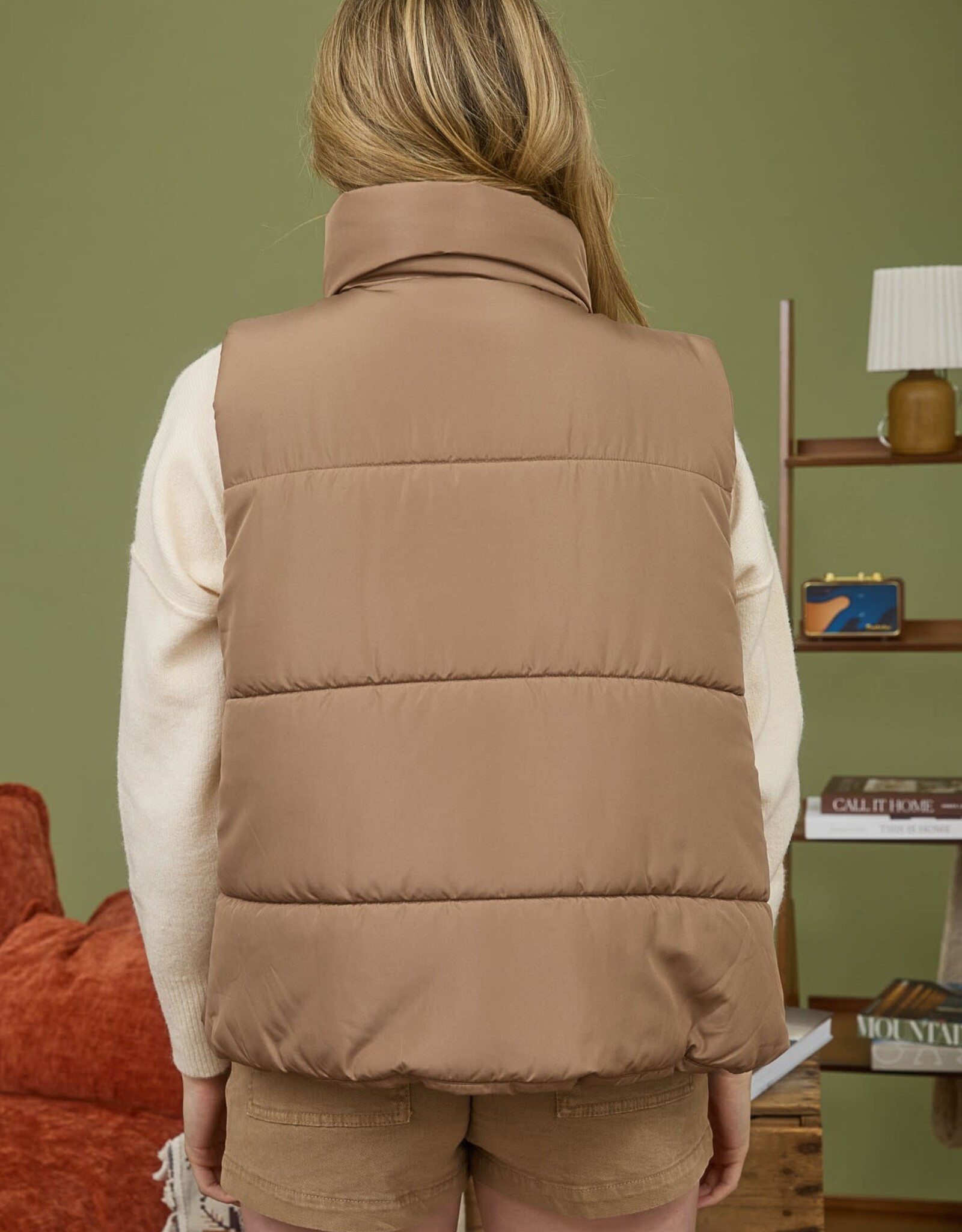 Miss Bliss Blu Solid Zip Up Puffer Vest W High Nck-Cocoa