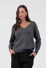 Miss Bliss Blu Solid V Neck Drop Shoulder Knit Sweater-Charcoal