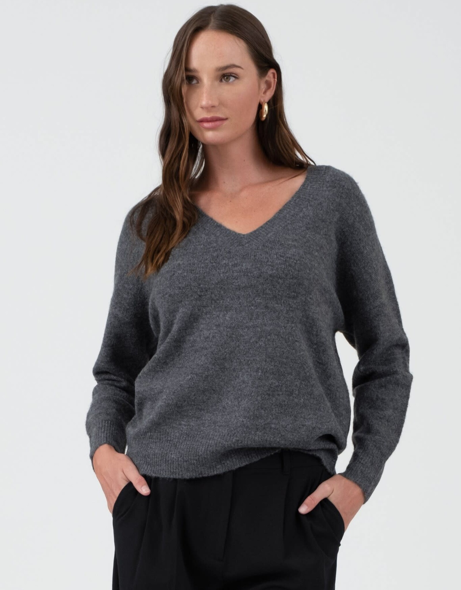 Miss Bliss Blu Solid V Neck Drop Shoulder Knit Sweater-Charcoal