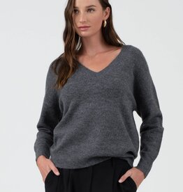 Miss Bliss Charcoal Solid V Neck Drop Shoulder Knit Sweater