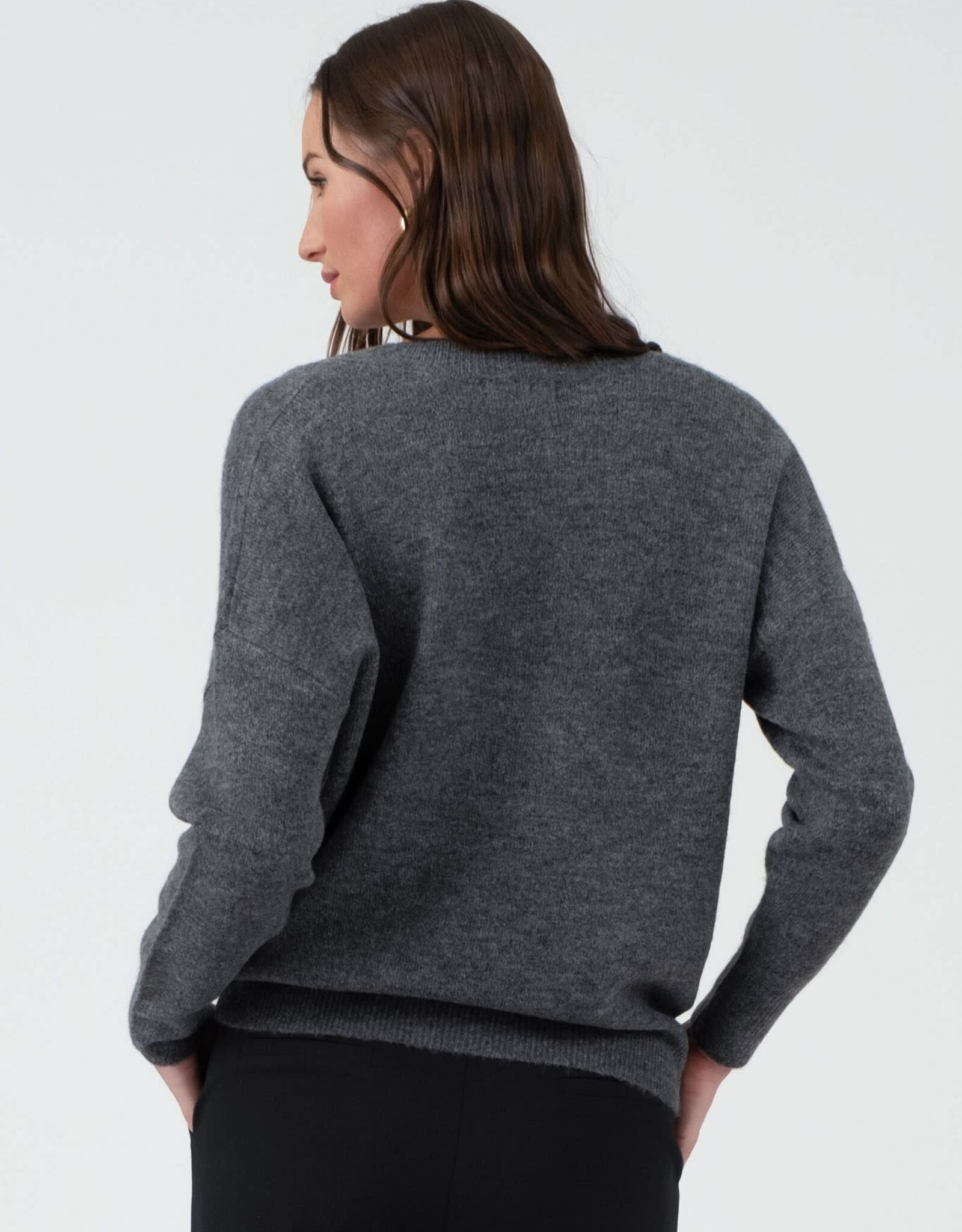 Miss Bliss Blu Solid V Neck Drop Shoulder Knit Sweater-Charcoal