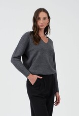 Miss Bliss Blu Solid V Neck Drop Shoulder Knit Sweater-Charcoal