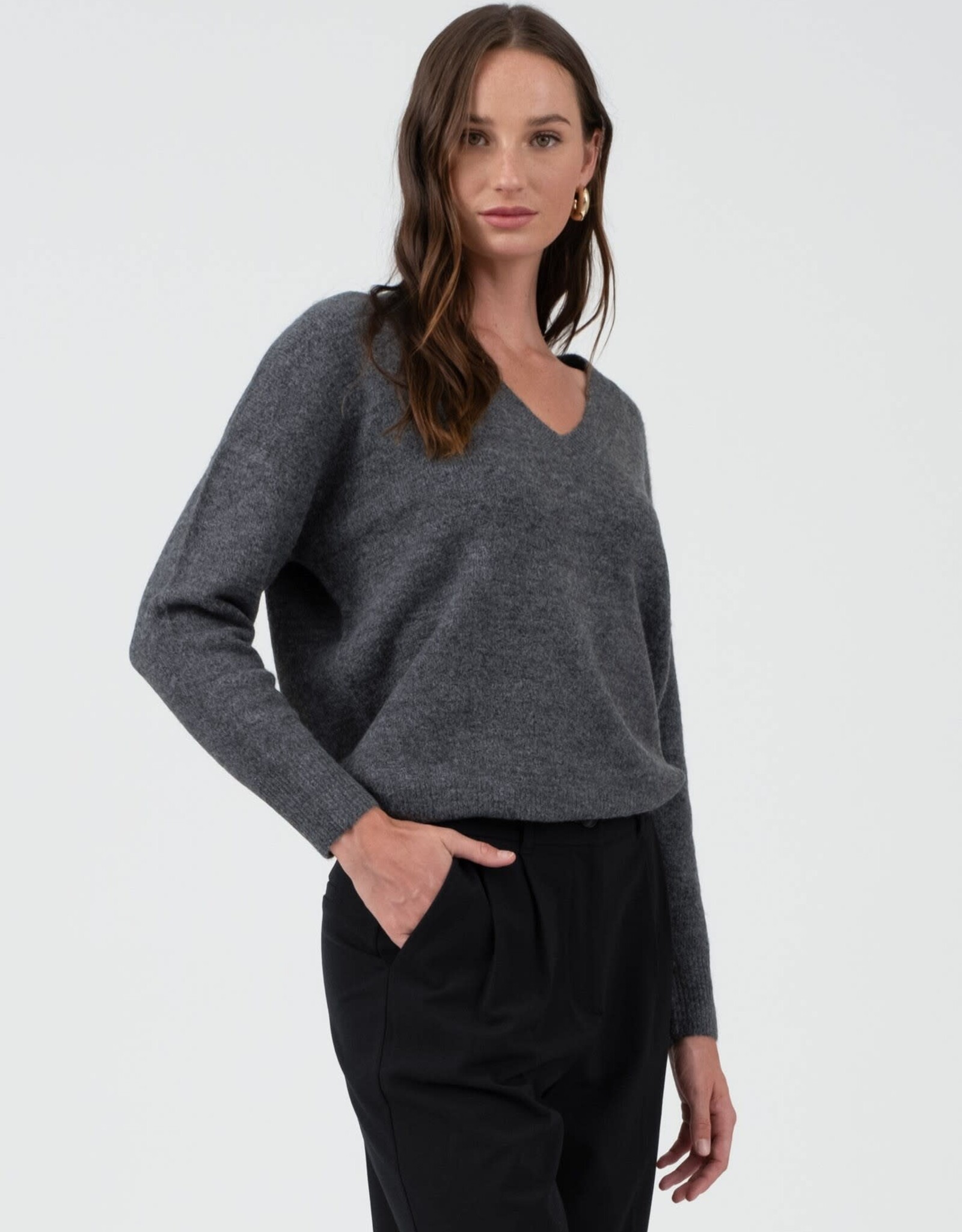 Miss Bliss Blu Solid V Neck Drop Shoulder Knit Sweater-Charcoal