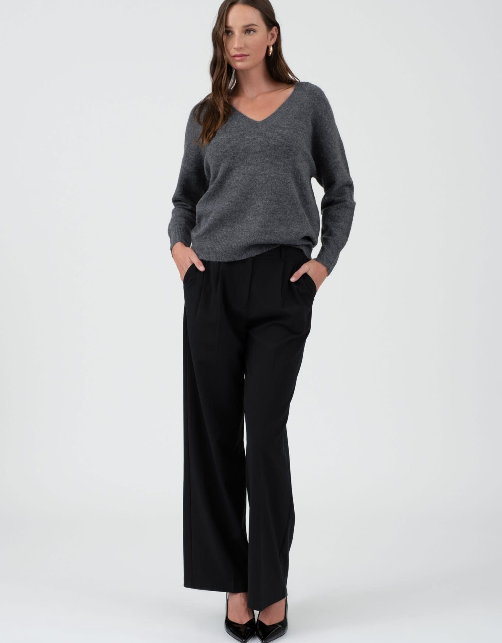 Miss Bliss Blu Solid V Neck Drop Shoulder Knit Sweater-Charcoal